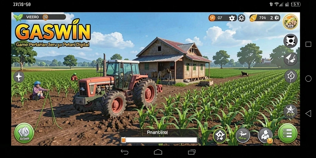 Tampilan menarik dari gameplay GASWIN yang menunjukkan aktivitas bertani.