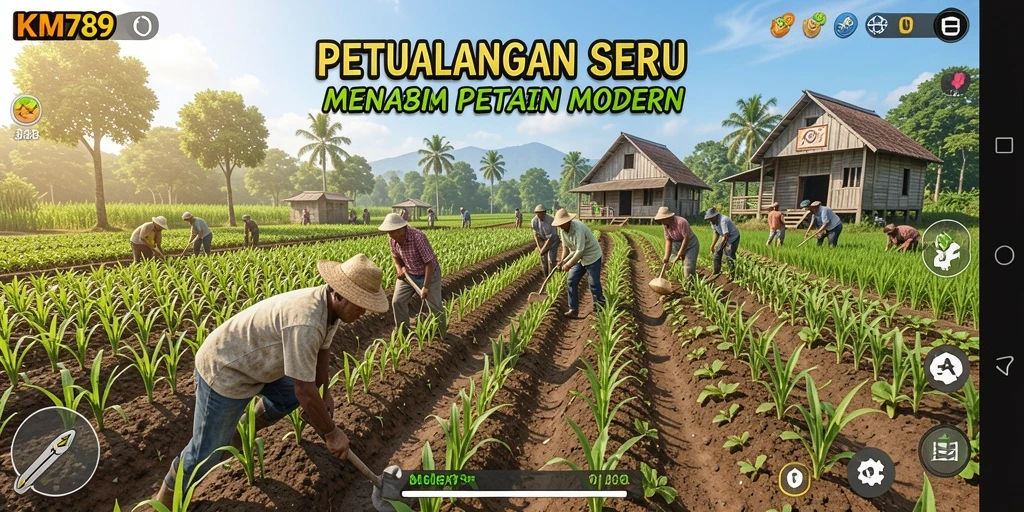 Screenshot gameplay KM789 menampilkan petani di ladang yang subur.